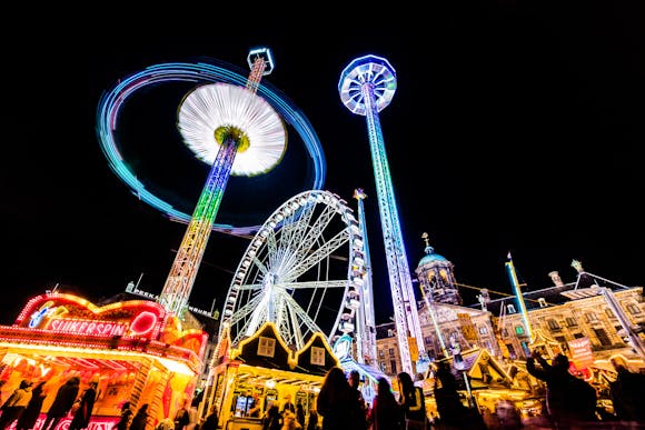 Amusement park illuminated at night during a Light Festival