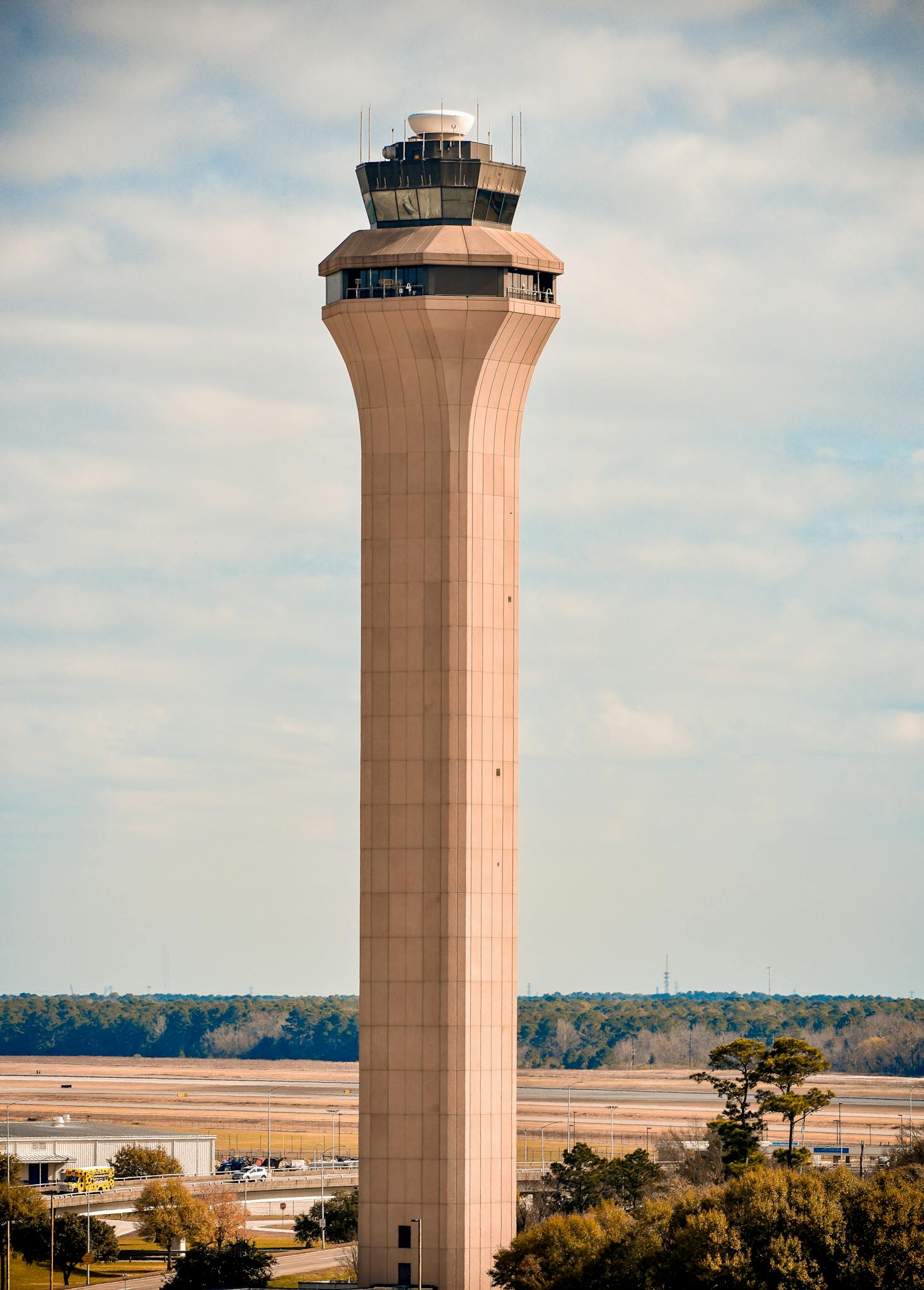 Air traffic control tower at Houston Airport on a sunny day