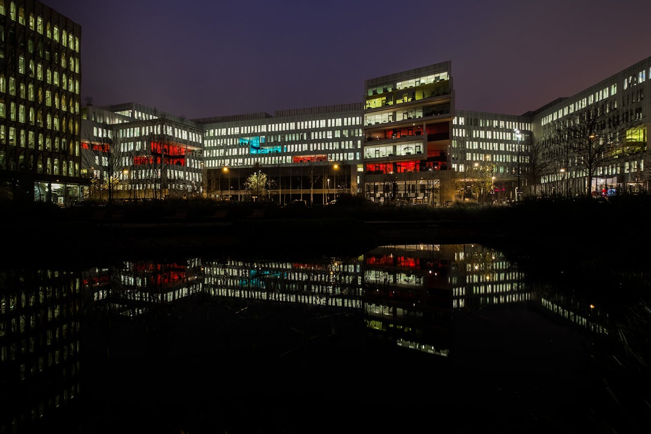 Office buildings in Saint-Denis, France, lit up at night