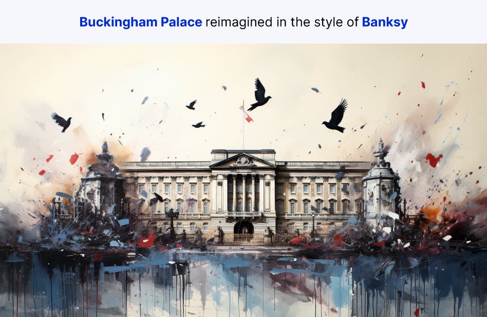 Buckingham Palace reimagined in the style of Banksy