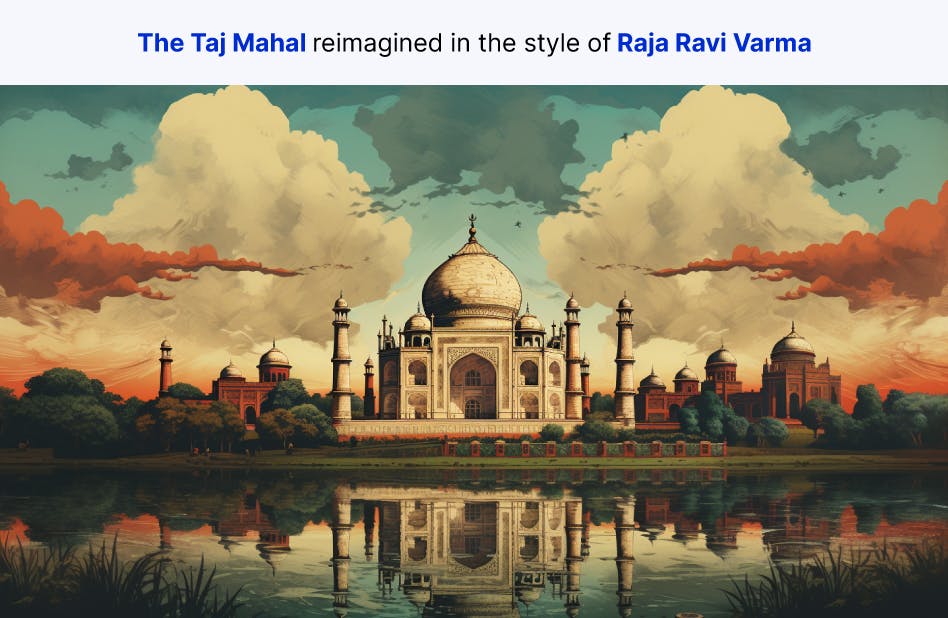 The Taj Mahal reimagined in the style of Raja Ravi Varma
