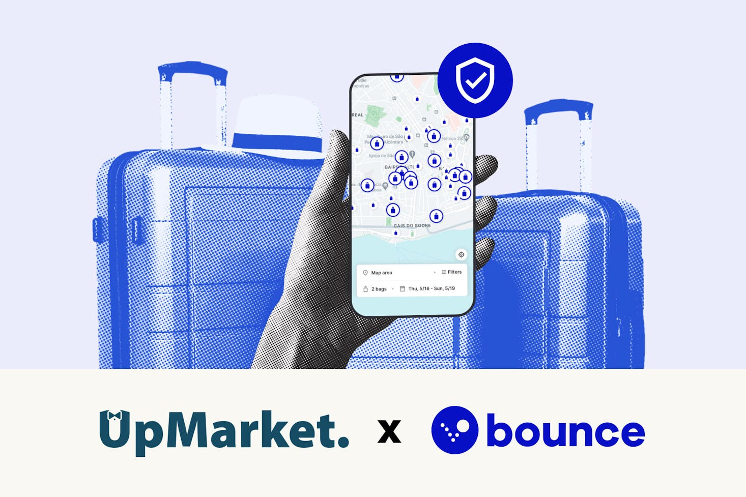 A picture of suitcases and a map on a phone screen to announce a collaboration between Bounce and UpMarket