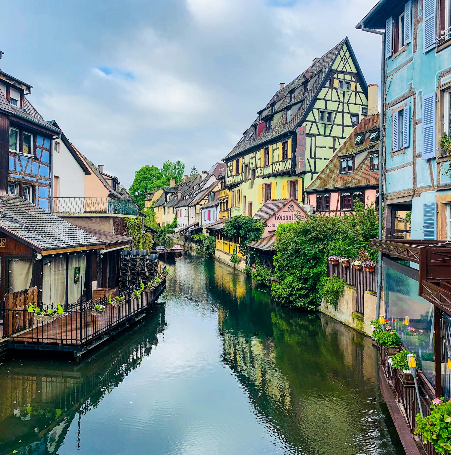 The river with half-timber buildings on the banks in Colmar, France