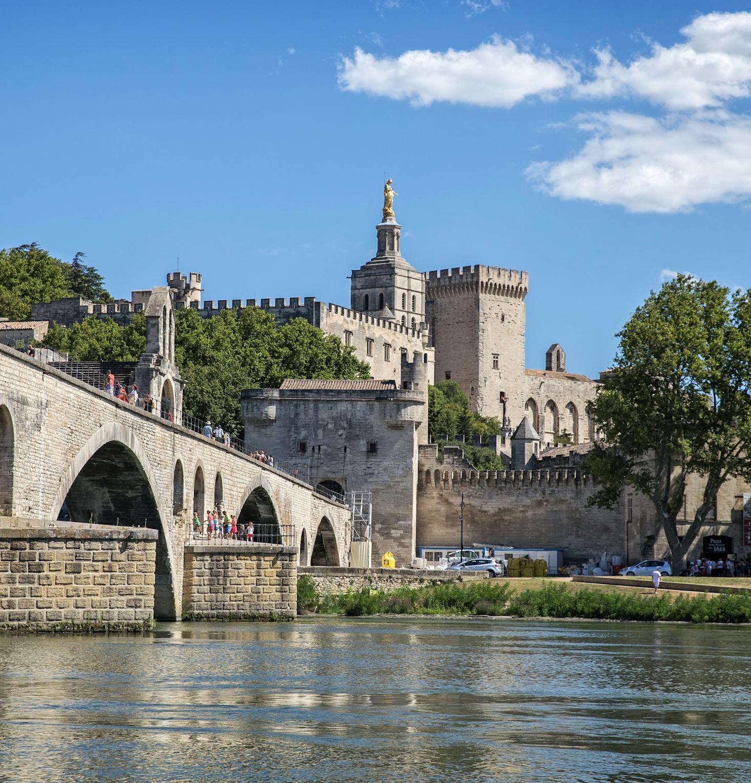 Castle-like buildings overlook the Rhone River in Avignon, France