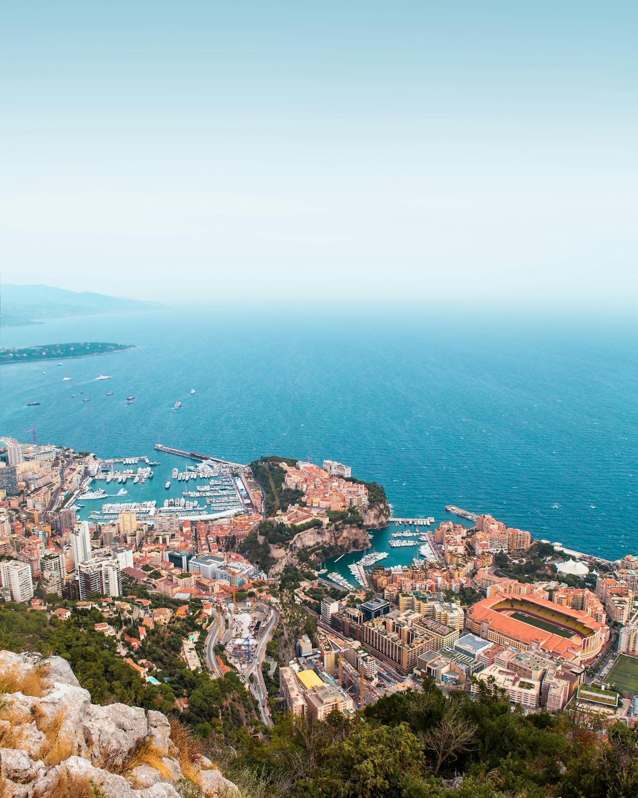 Aerial view of the city of Monte Carlo in Monaco with buildings and the sea