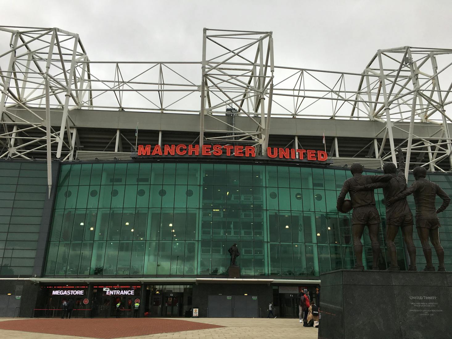 The Old Trafford soccer stadium in Manchester on a cloudy day