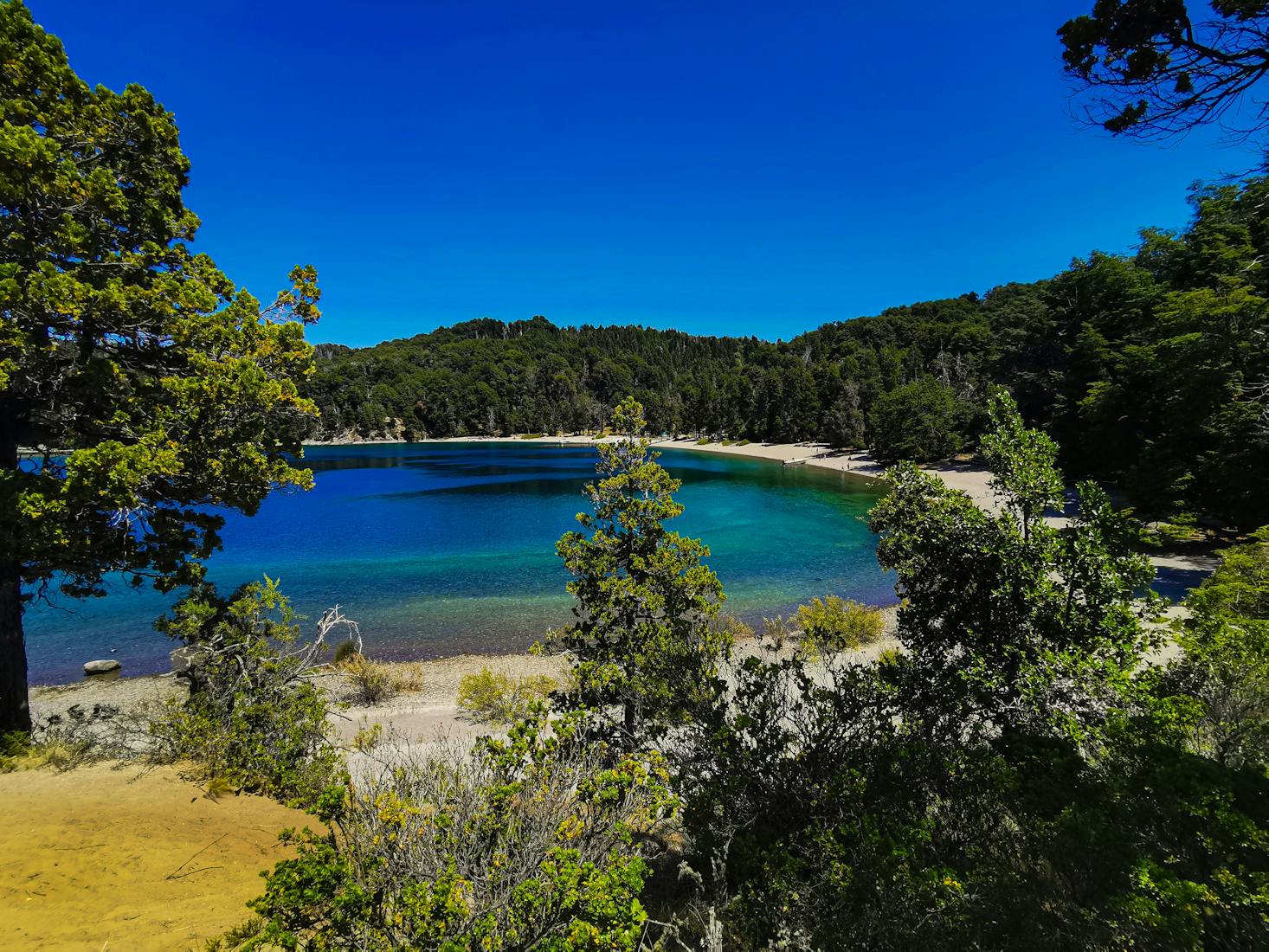 Beautiful blue lake surrounded by forest in San Carlos de Bariloche, Argentina