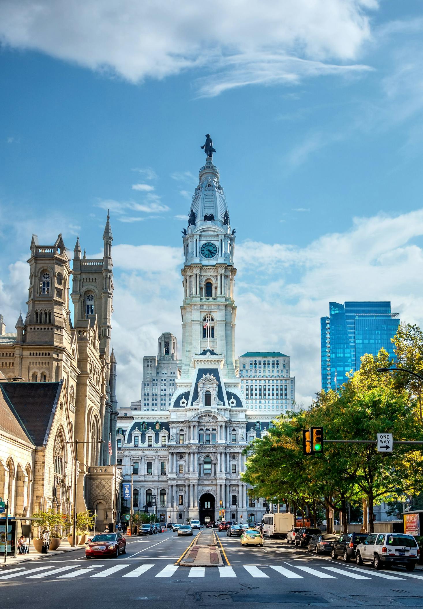 A large white church at the end of a street in Philadelphia