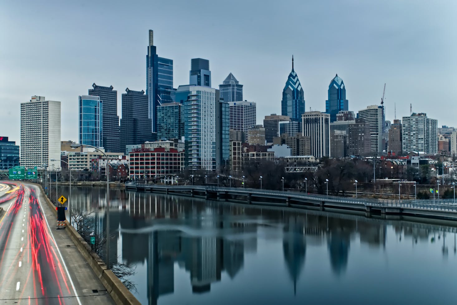 The Philadelphia skyline reflected in the water