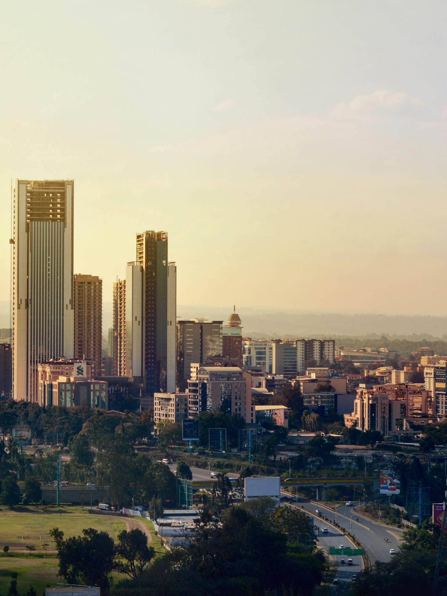 The tall buildings of the Nairobi CBD at sunset