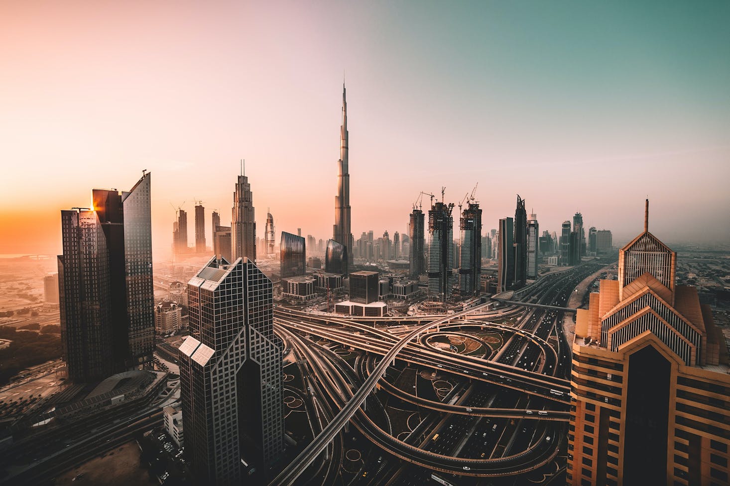 GGICO Station, Dubai in amongst towering skyrises at sunset