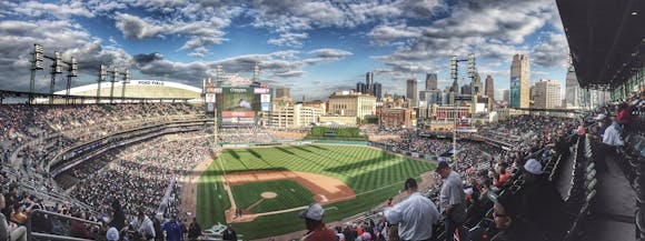 A view of Comerica Park from the seats at the top/back of the stadium, showing the full ballpark field