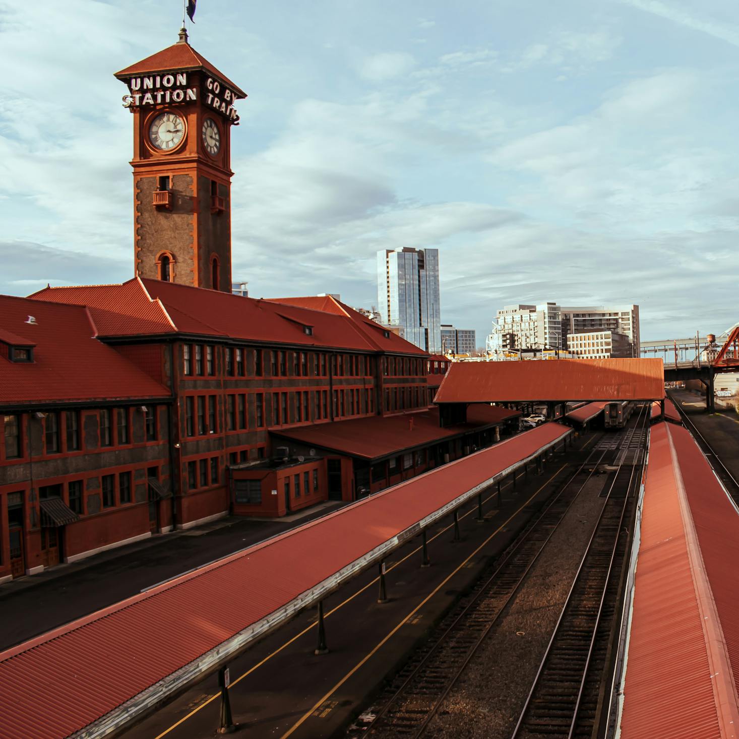 The clocktower and platforms at Portland Union Station