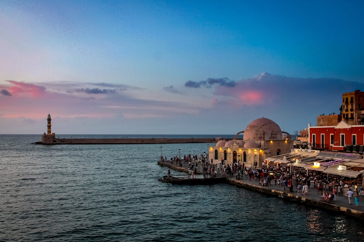 Sea view at sunset over the Port of Chania on Crete