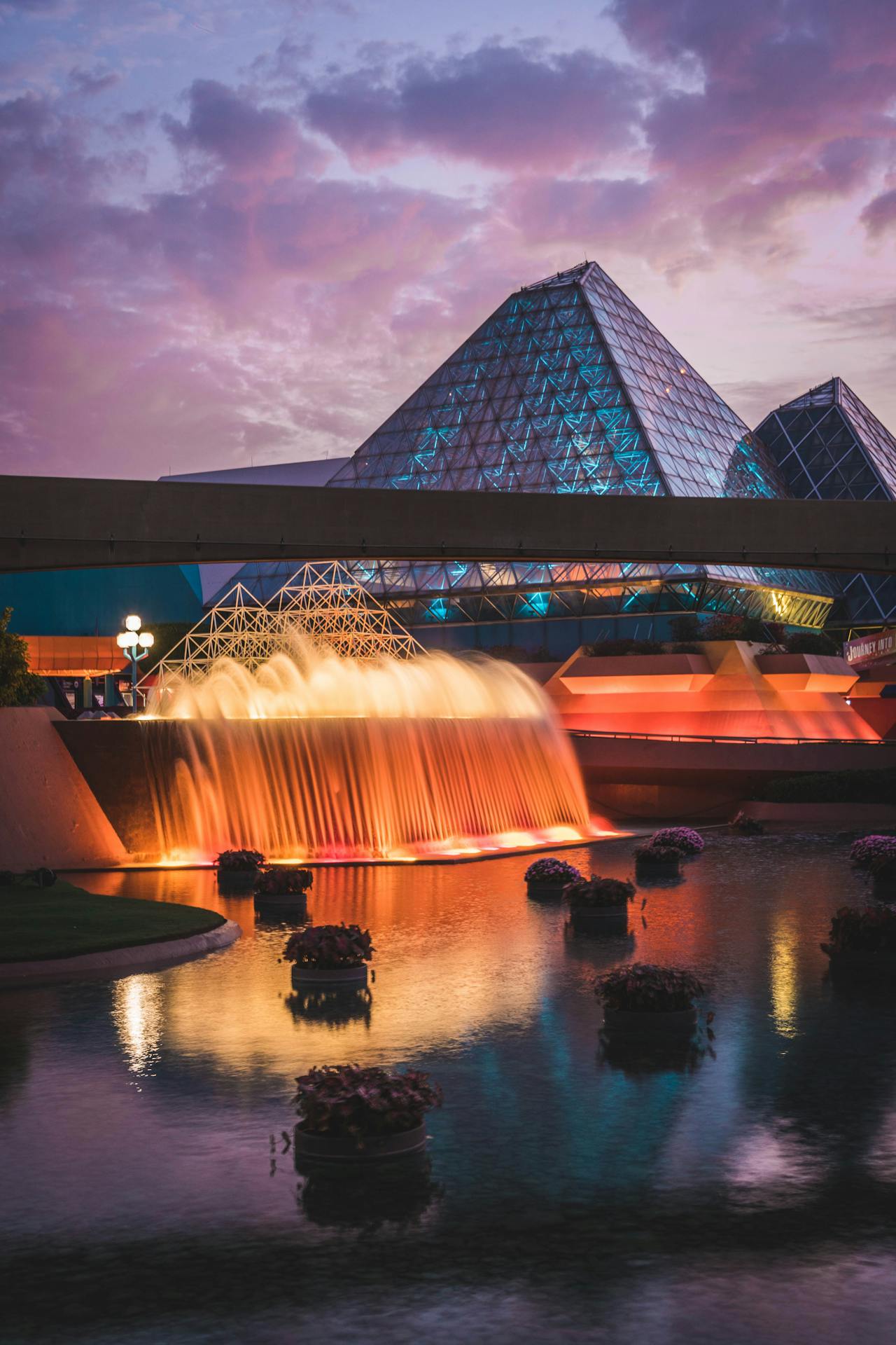 A lit up, cascading water fountain in Orlando, Florida A lit up, cascading water fountain in Orlando, Florida