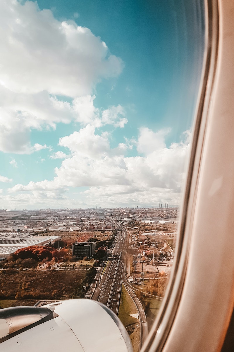 View from window of plane, Madrid Airport, Spain