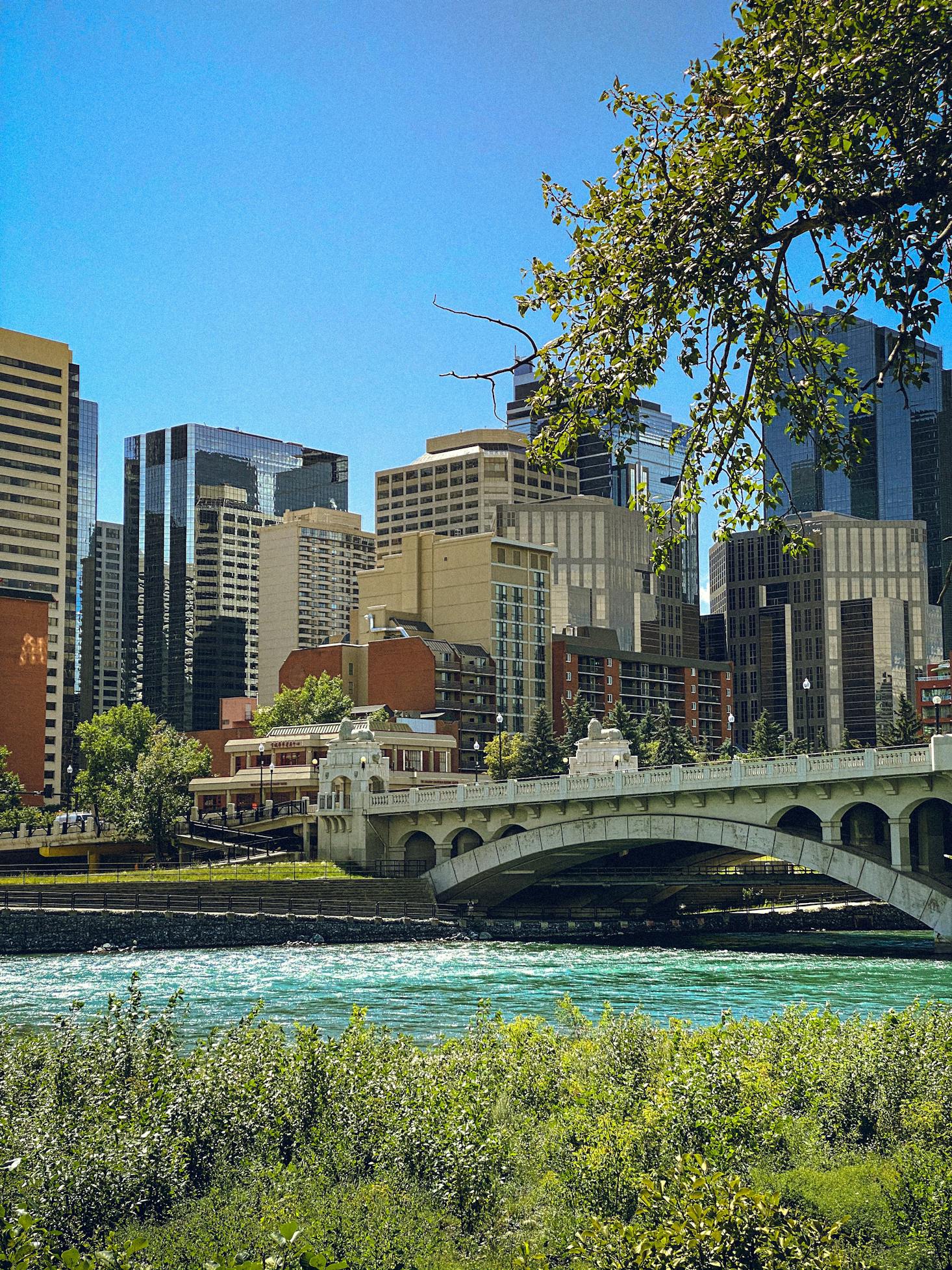 Bridge and river with a skyline view in Calgary, Alberta