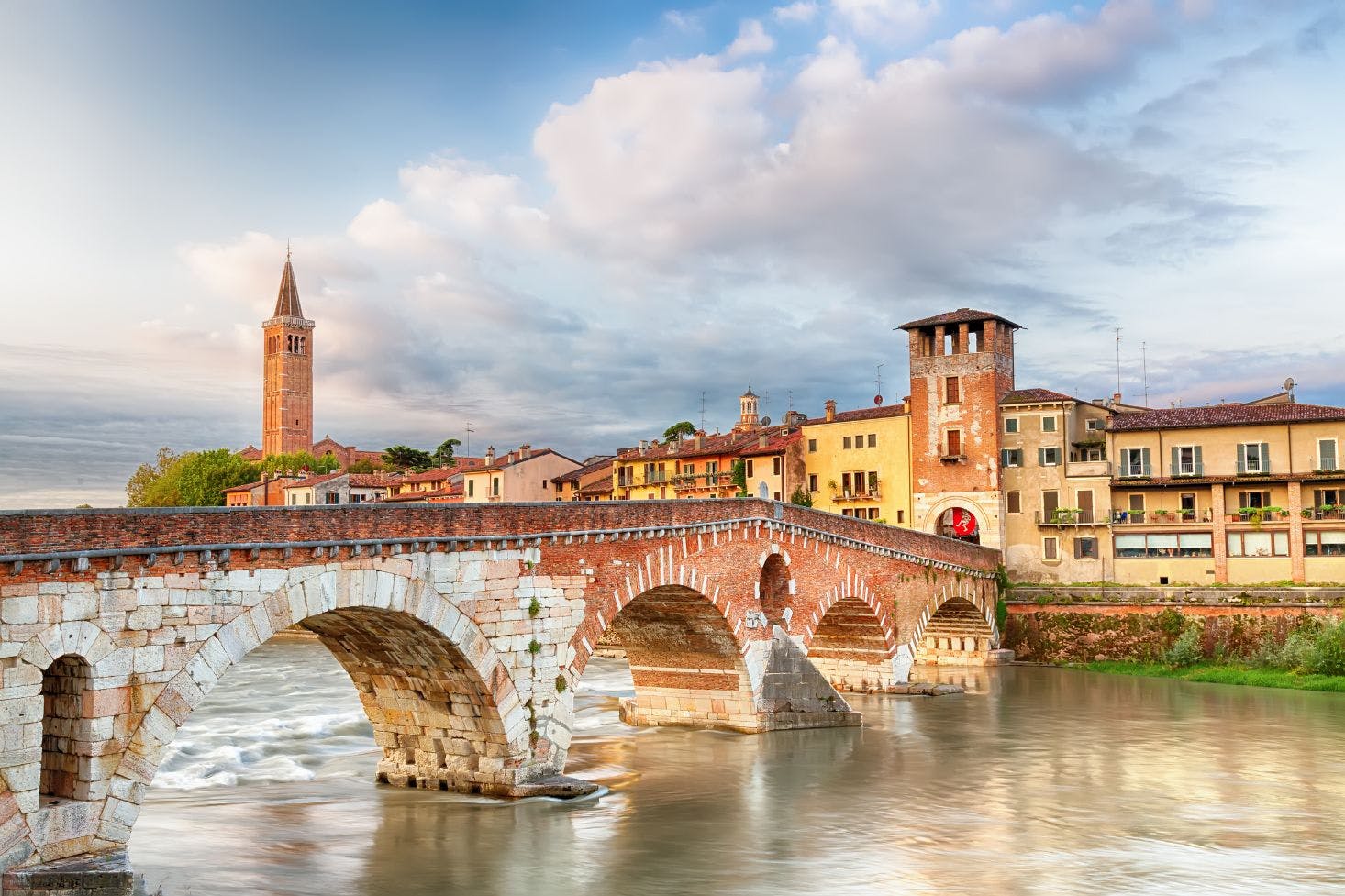 View of the Ponte di Pietra over the Adige River with the Verona's historic Old Town 