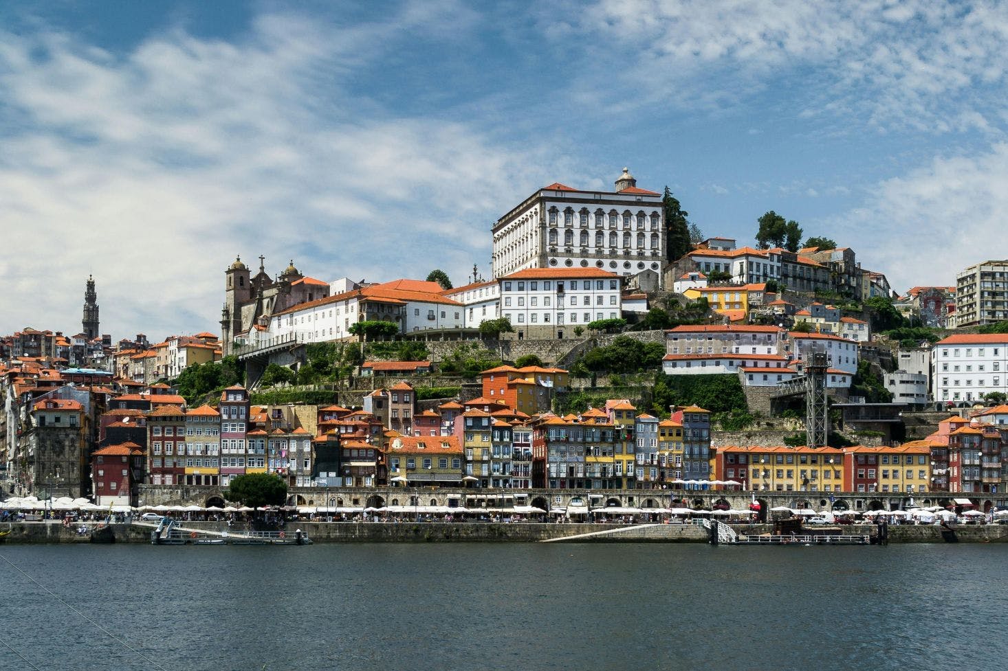 Panoramic view of Porto from the Douro River, showcasing colorful riverside buildings in the historic Ribeira district