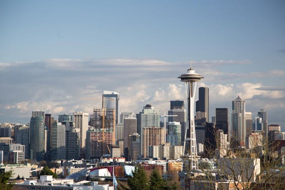 Seattle city skyline with the Space Needle in the foreground on a clear day