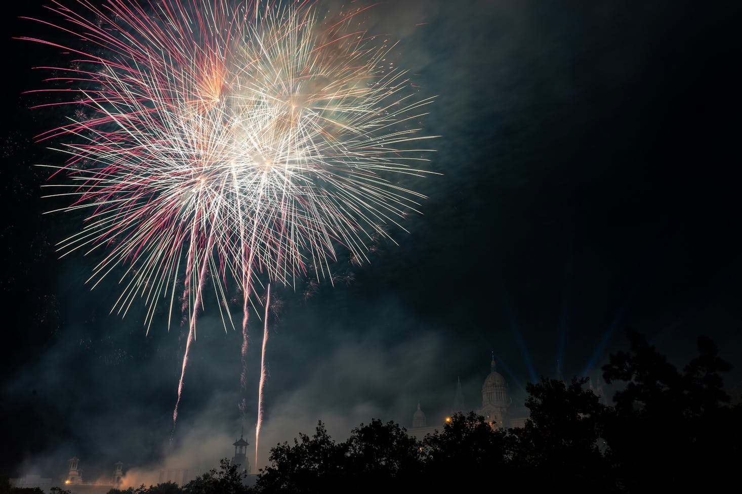 Fireworks at Montjuïc Castle in Barcelona at night