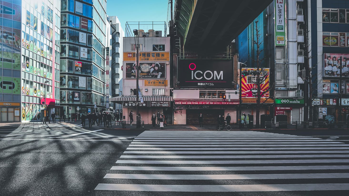 A colorful street in Tokyo's Akihabara neighborhood with a large crosswalk