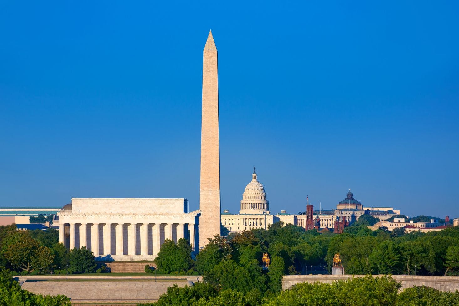 View of Washington D.C., featuring the Lincoln Memorial, Washington Monument, and U.S. Capitol on a clear day