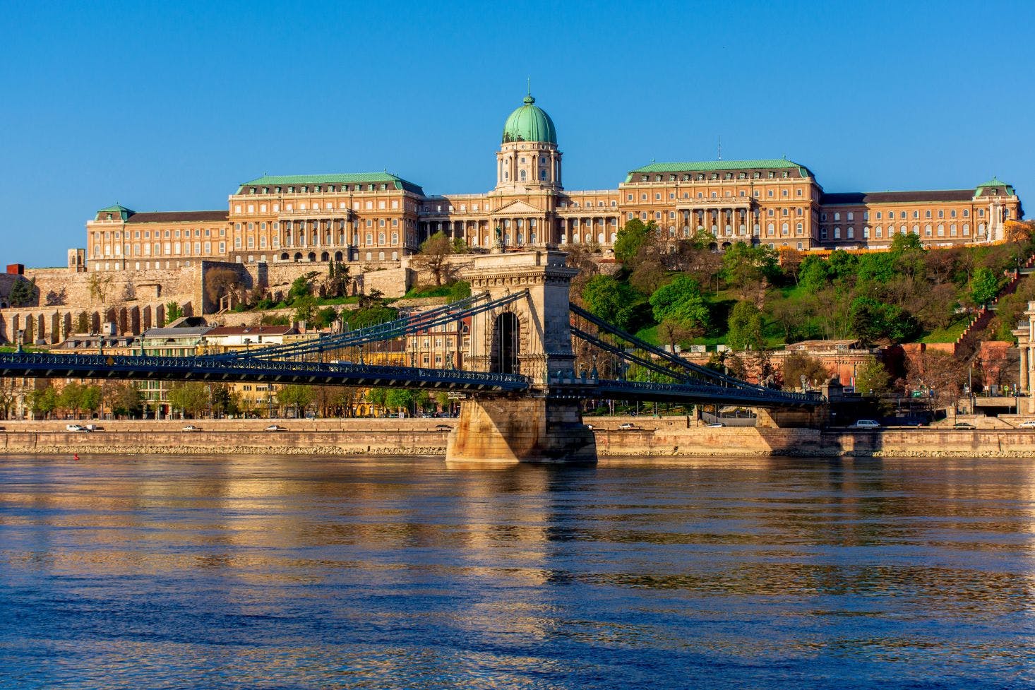 View of the Danube River, Budapest Chain Bridge in the foreground, and the Buda Fortress in the background