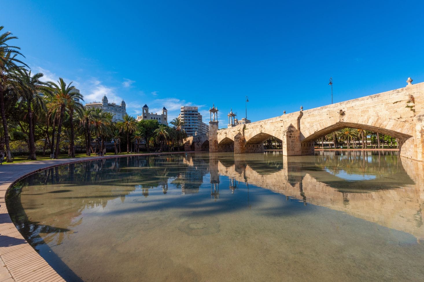 Pont de la Mar in Valencia: charming old bridge, pond pathway, and a city skyline backdrop