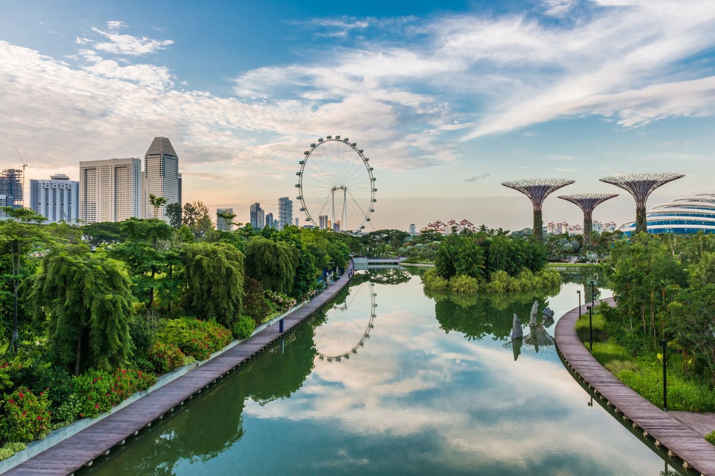 Wood dock paths on both sides of Marina Bay, surrounded by greenery with views of the Ferris wheel and Gardens by the Bay