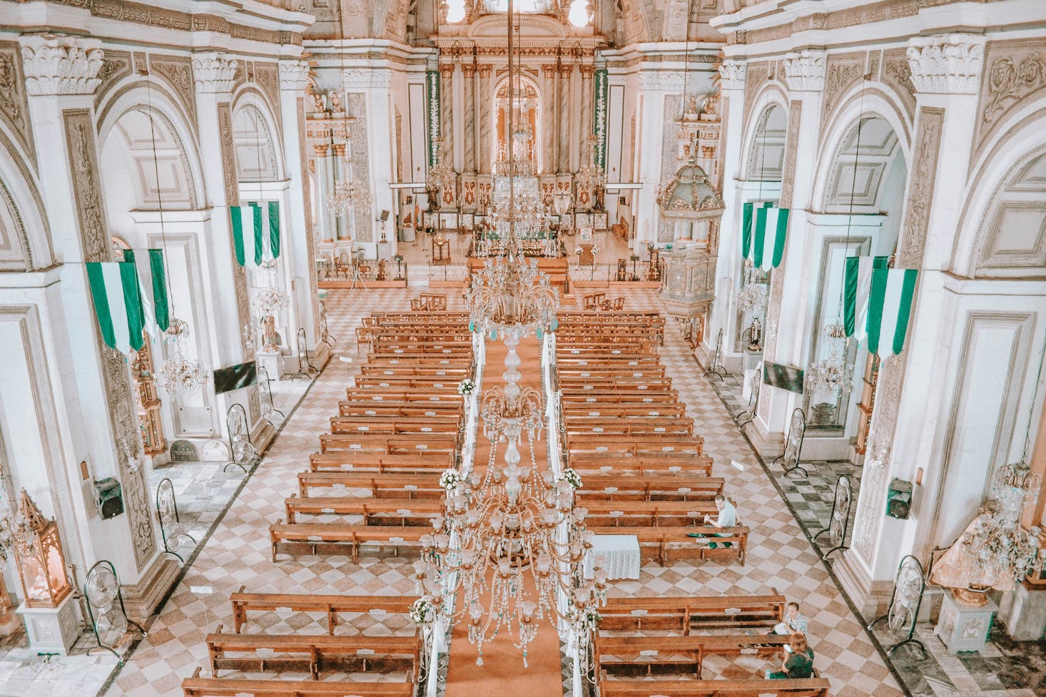 Ornate white and brown interior of Manila Cathedral