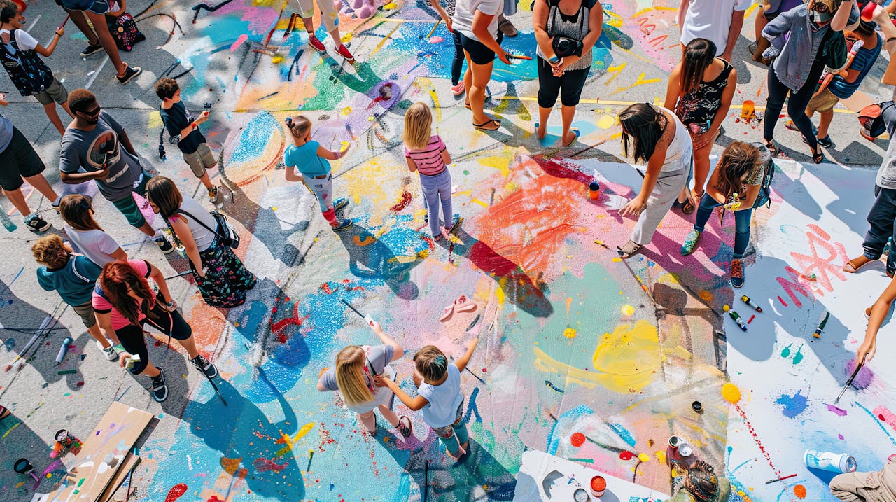 Crowd of people, including children, painting and interacting on a colorful, art-filled street 