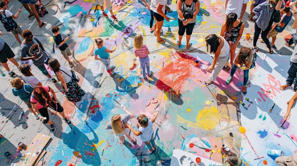 Crowd of people, including children, painting and interacting on a colorful, art-filled street 