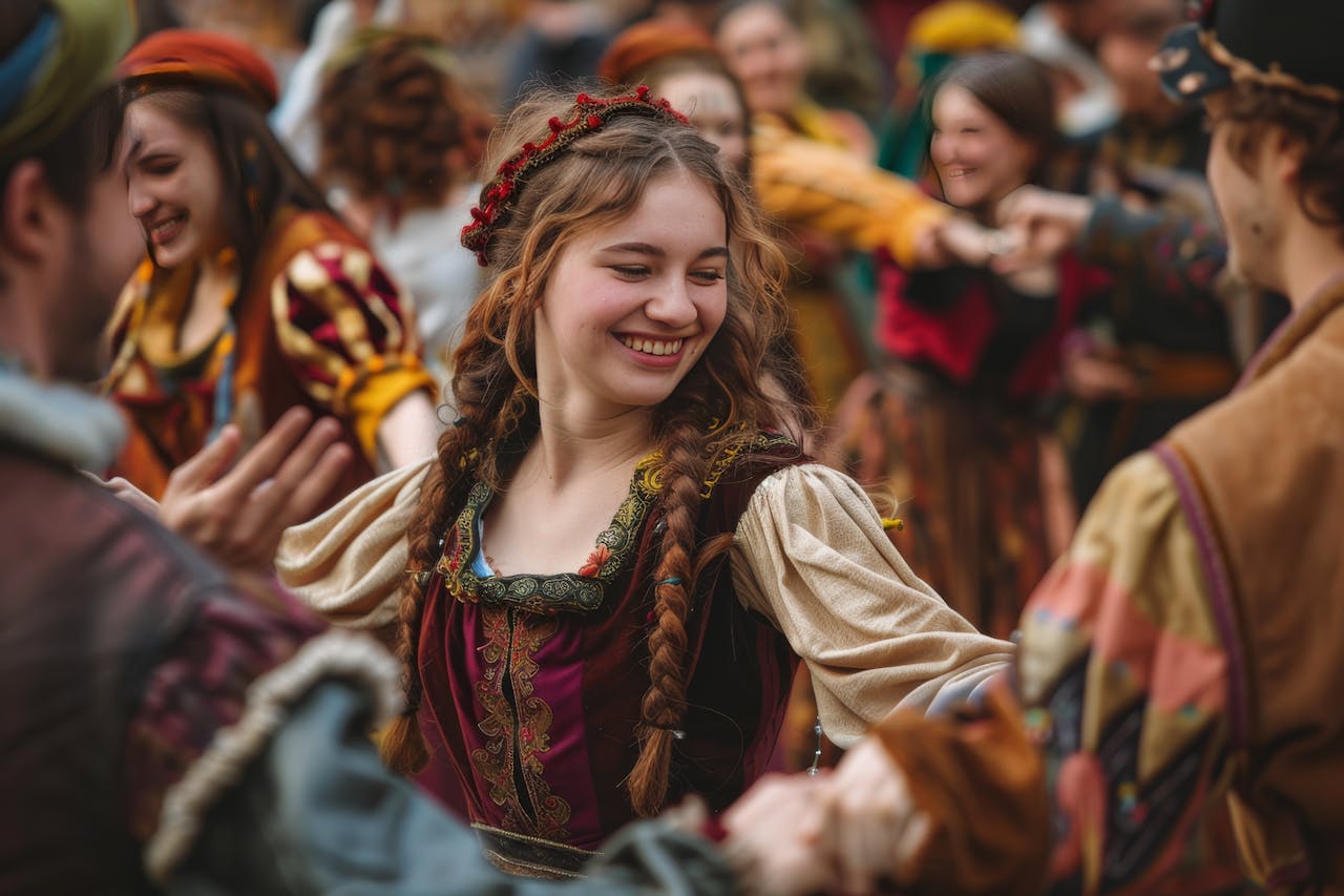 Smiling woman in a richly detailed Renaissance costume dancing joyfully with others