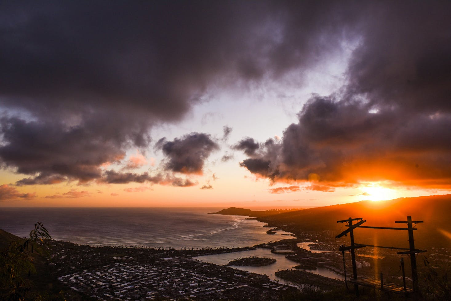 Orange sunset with grey clouds from Koko Crater in Honolulu