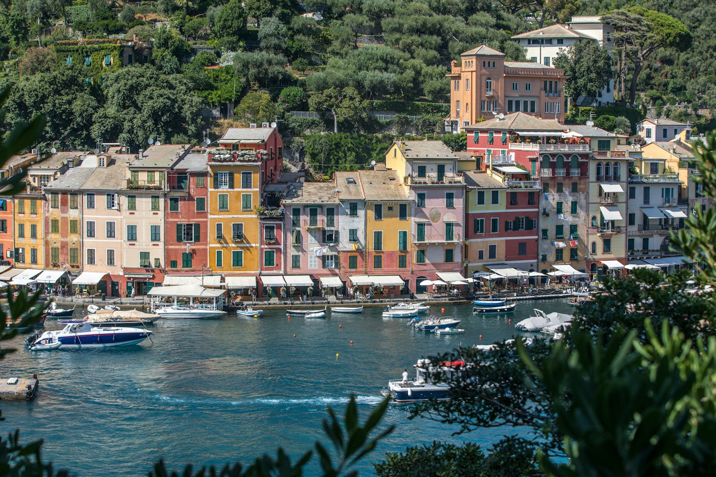 Vista dal mare sulle case colorate lungomare a Portofino, con verde della vegetazione sullo sfondo