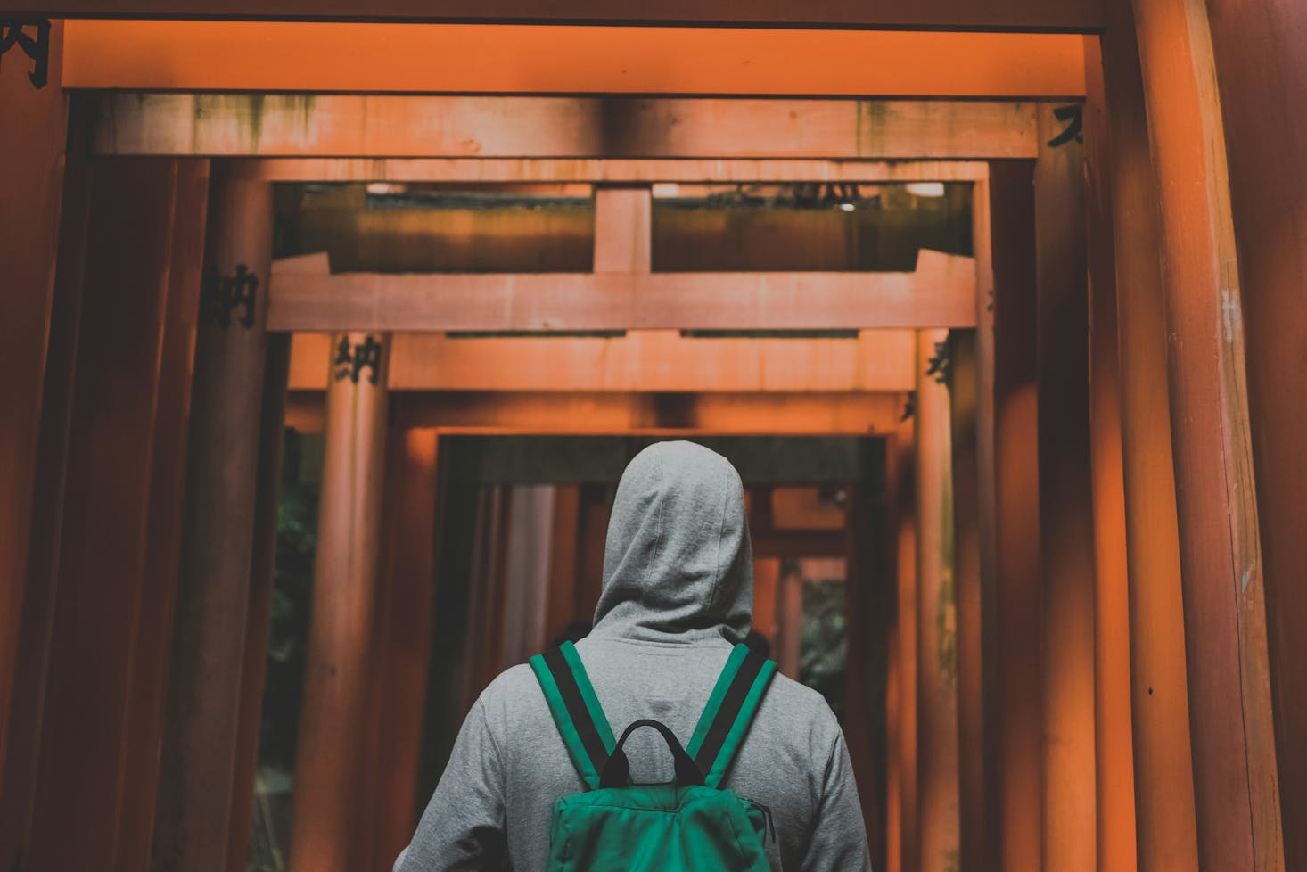 A person walking through the many red gates leading into the Fushimi Inari Taisha shrine in Kyoto