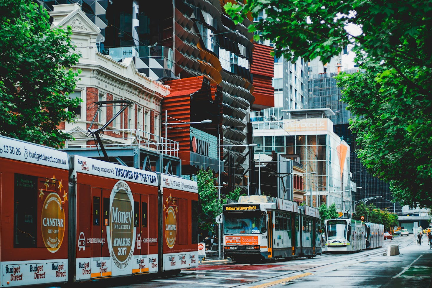 Trams on the tracks in the Melbourne CBD