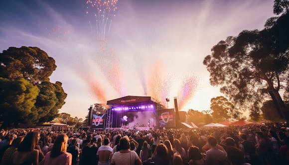 Crowd gathered under a vibrant sunset, enjoying live music with colorful fireworks and confetti lighting up the sky at a festival