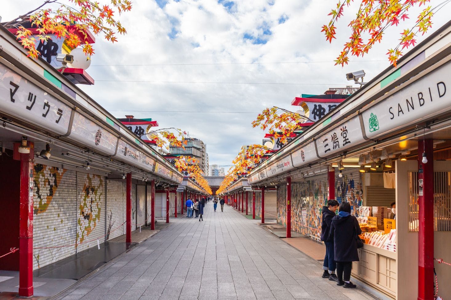 The walkway to Sensoji Temple in Asakusa, Tokyo, lined with shops on both sides in the morning