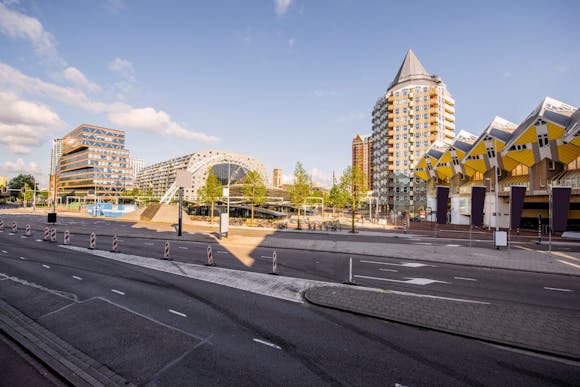 A view of Rotterdam’s Markthal, Blaak metro station, the Blaaktoren and the Cube Houses 