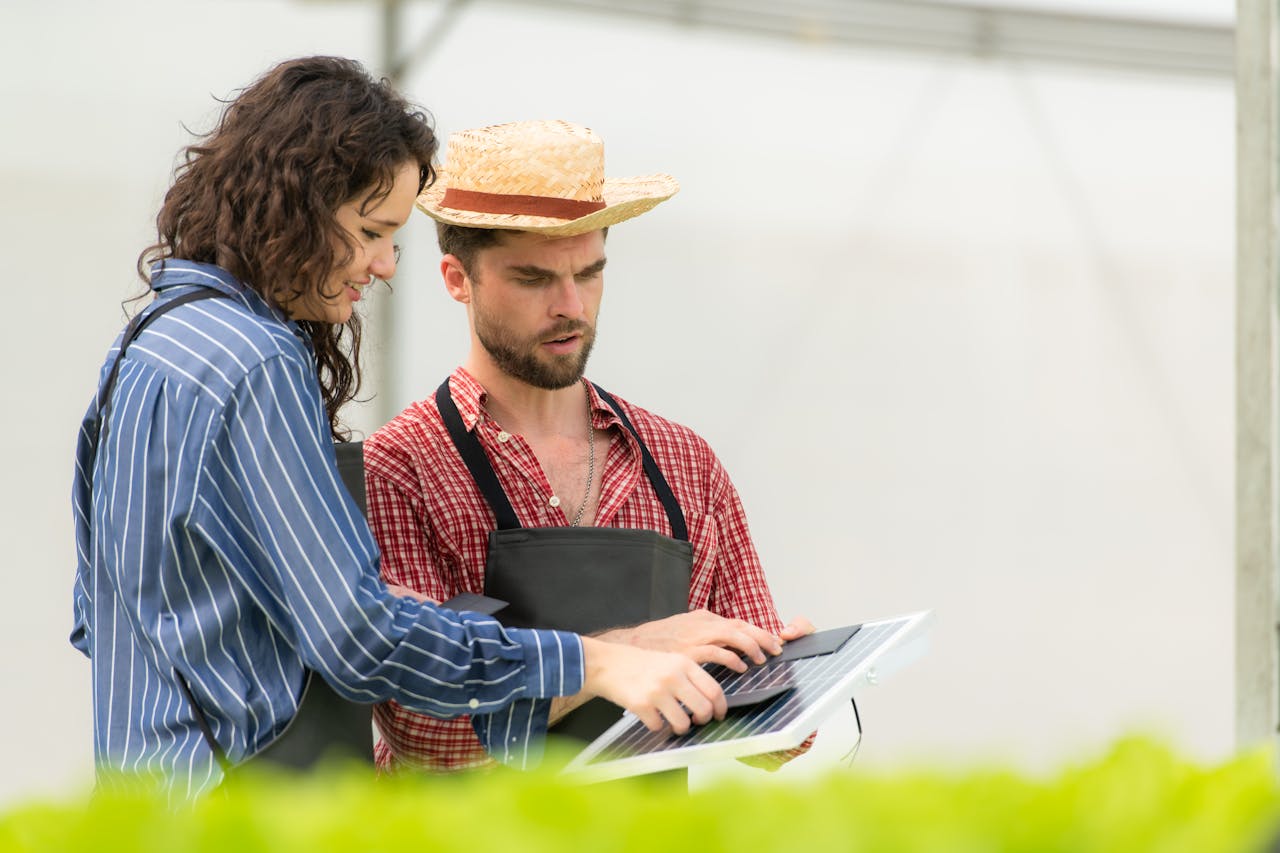 Two agricultural professionals examining a solar panel in a greenhouse, showcasing sustainable farming technologies