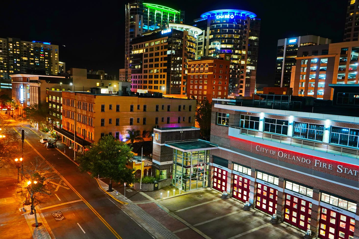 The buildings of Downtown Orlando lit up at night