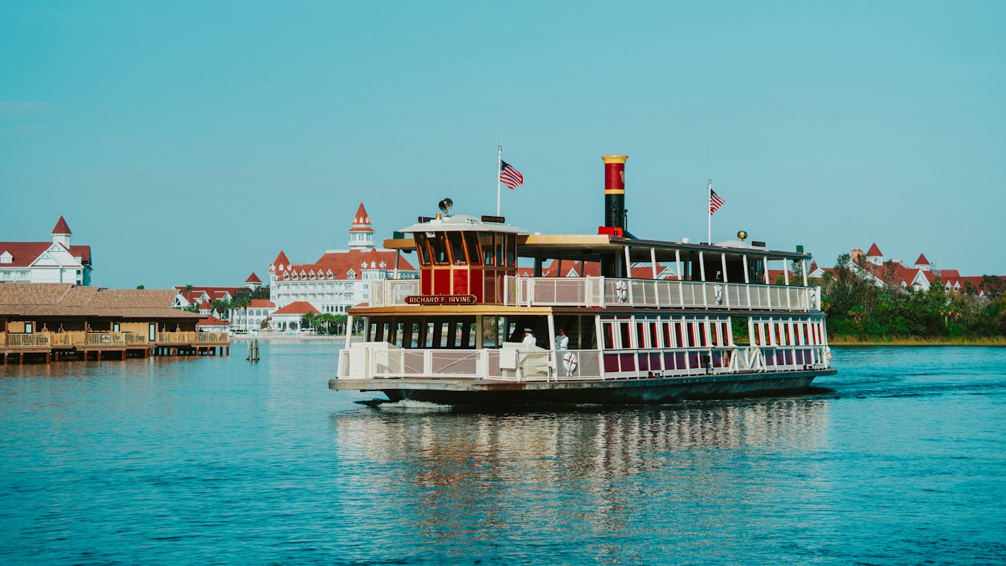 A large riverboat on the water in the Disney Resort area of Orlando