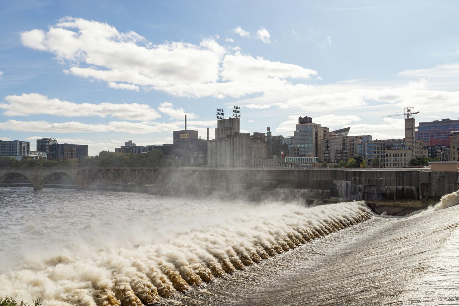 Fast-flowing water at a dam outside the center of Minneapolis