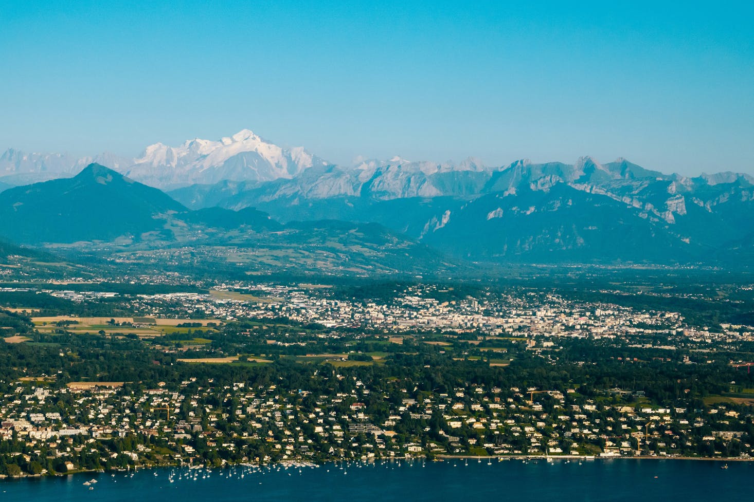 Aerial view of Geneva with the Alps in the distance