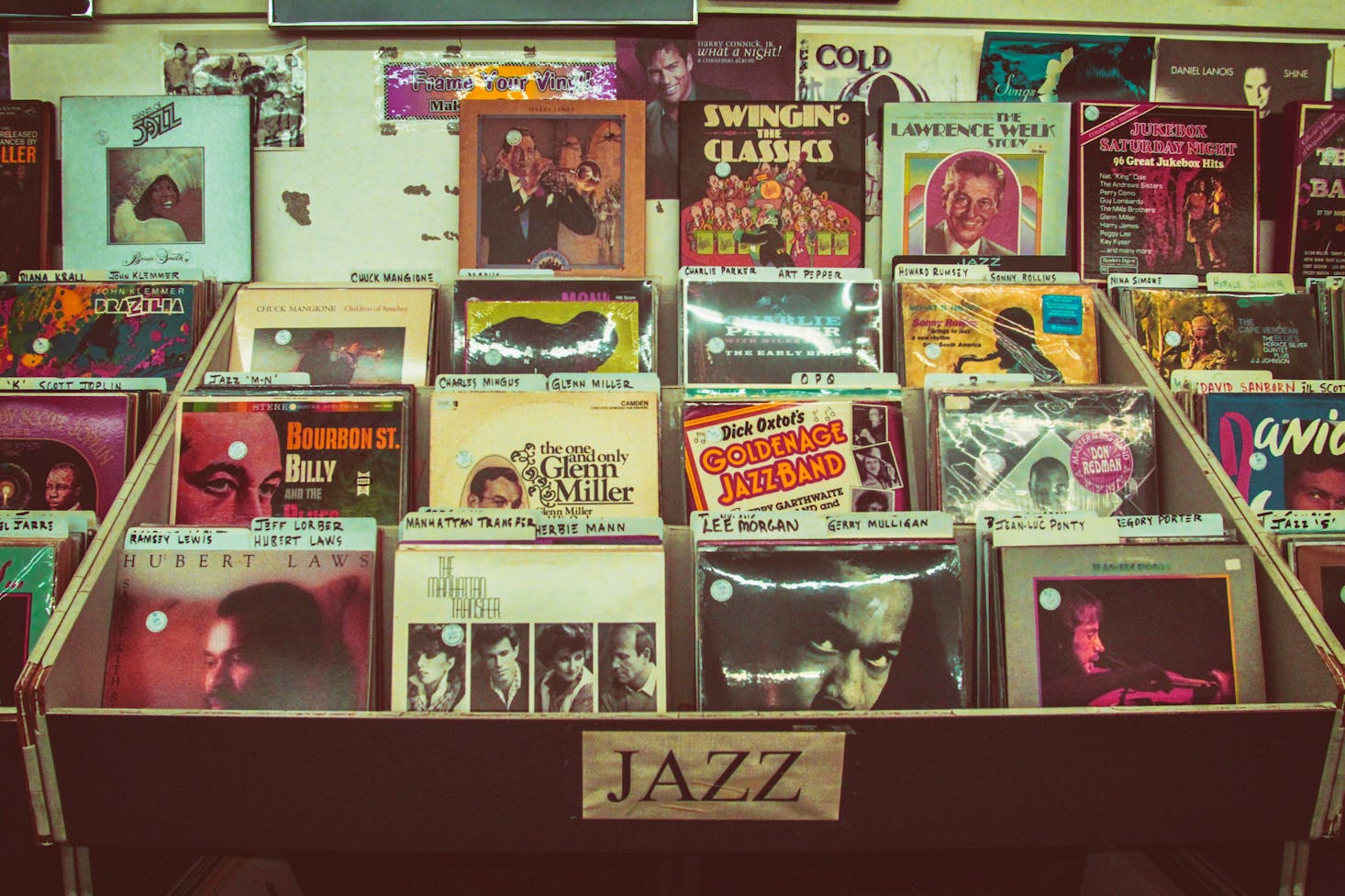 Display of vintage records at a shop in Pisa