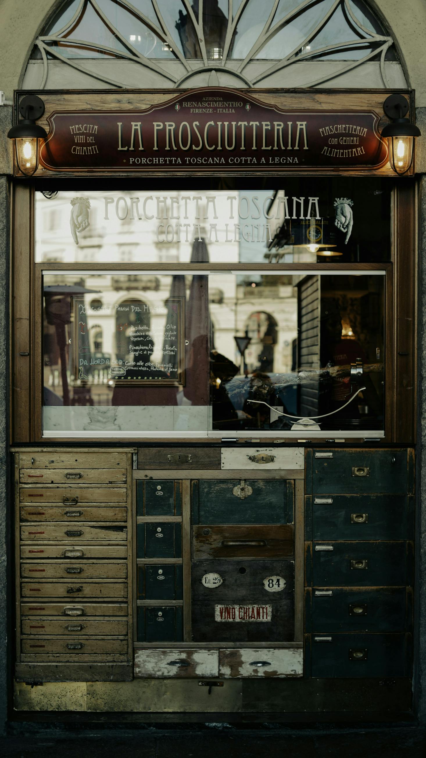 The front of a meat shop in Turin in a historic building