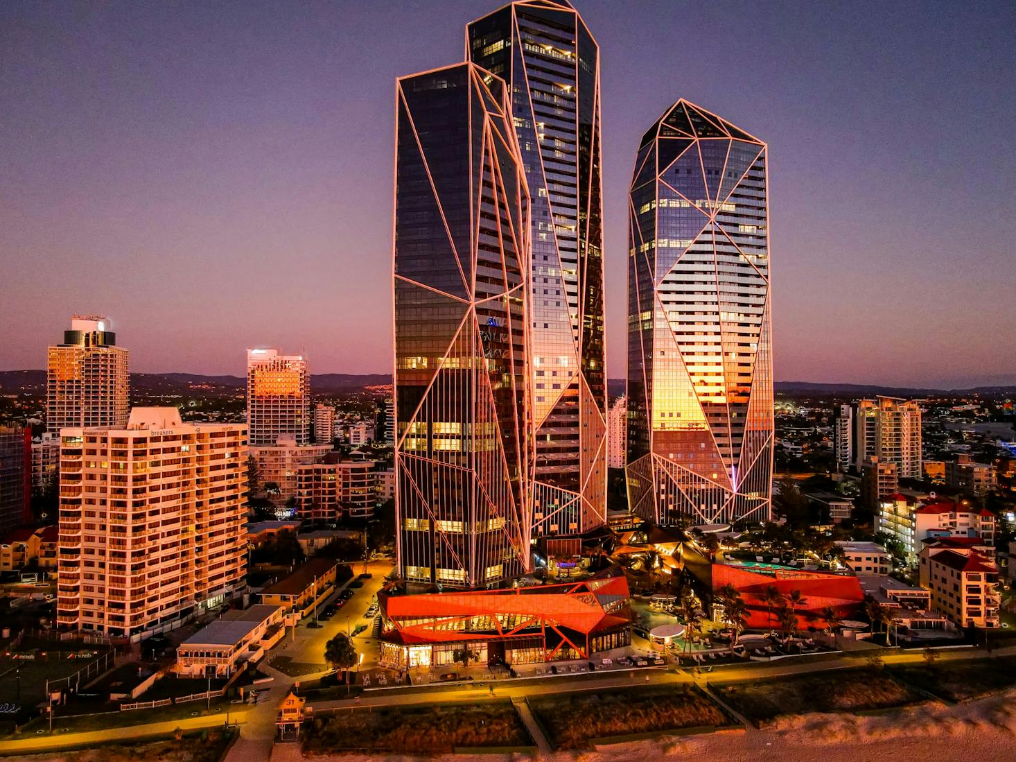 Skyscrapers in Gold Coast, Australia at sunset