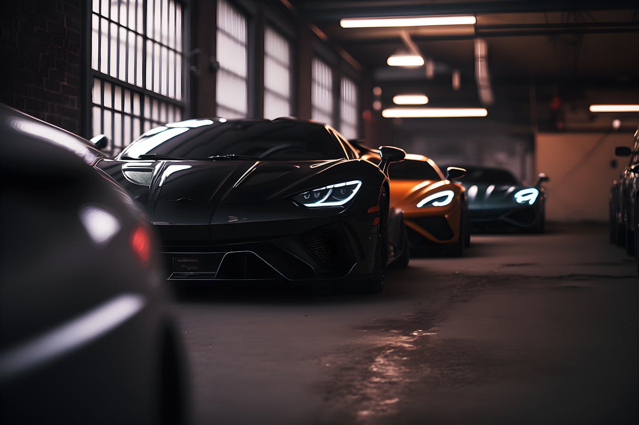 Collection of luxury cars in a garage 